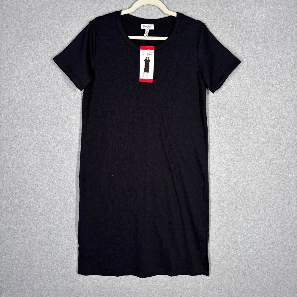 NEW Jessica Simpson T-Shirt‎ Dress Medium Black Short Sleeve Textured Knit Slit